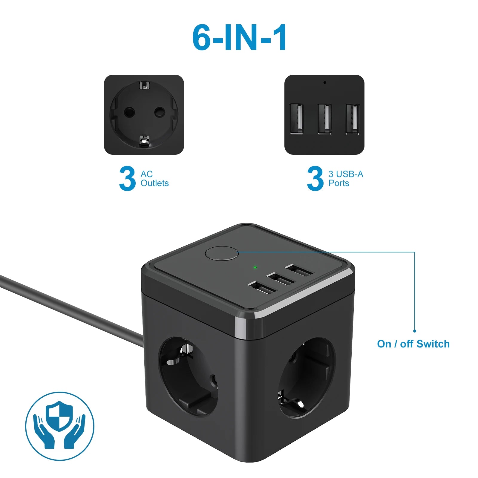 6-in-1 Cube Power Strip with 3 USB Ports & 2m Extension Cord - EU Plug - 10
