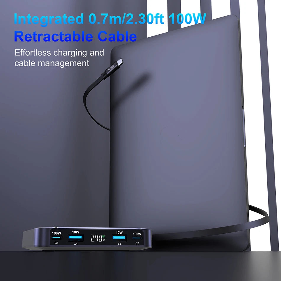 240W 5-in-1 GaN Fast Charging Station with 100W Retractable Cable - 13