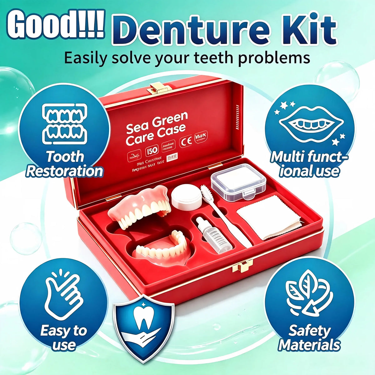 Full Mouth Denture Set with Storage Case & Care Tools - Comfortable Fit