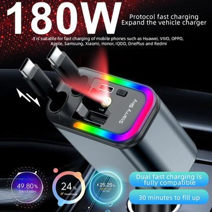 4-in-1 Retractable Car Charger 180W Fast Charging Adapter for All Phones