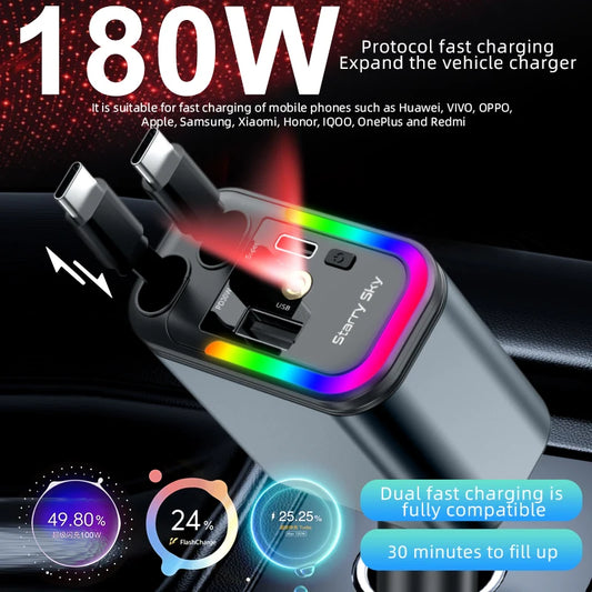 4-in-1 Retractable Car Charger 180W Fast Charging Adapter for All Phones