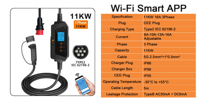 11KW Portable EV Charger Type 2, Wi-Fi App Control, 16A Fast Charging
