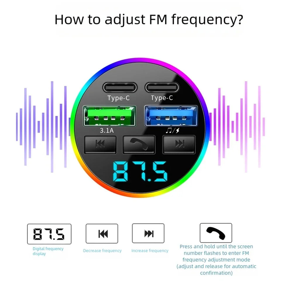 66W Fast Charge Bluetooth FM Transmitter - 4-Port Car MP3 Player Adapter - 6