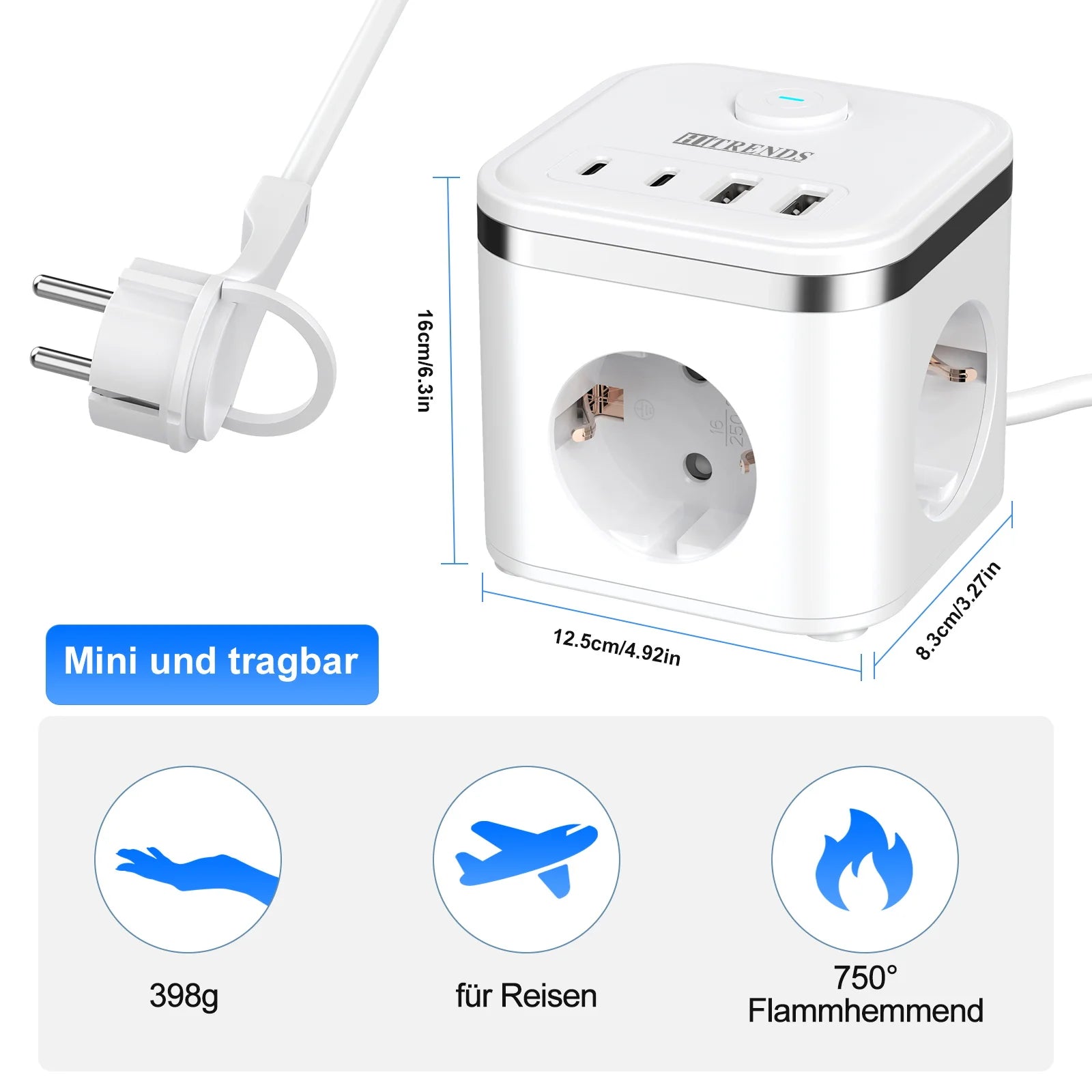 7-in-1 Power Strip with USB-C, Ultra-Thin Flat Plug & 2m Extension Cord - 5