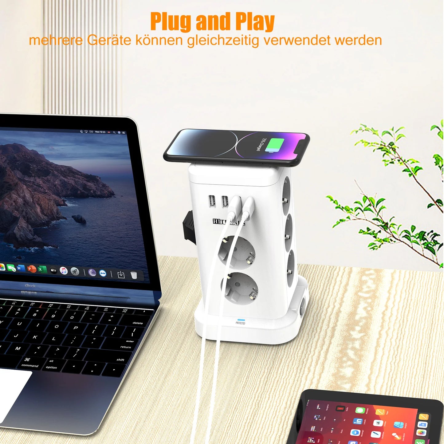 15-in-1 Vertical Power Strip Tower with USB-C & Wireless Charging