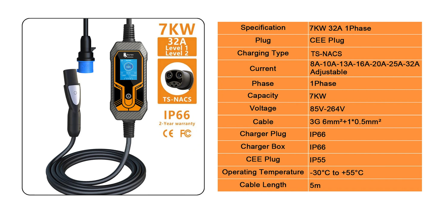 7KW Portable EV Charger for Tesla - Level 2 Adjustable Current Wallbox 5m