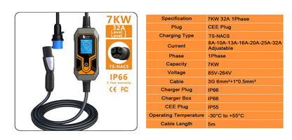 7KW Portable EV Charger for Tesla - Level 2 Adjustable Current Wallbox 5m