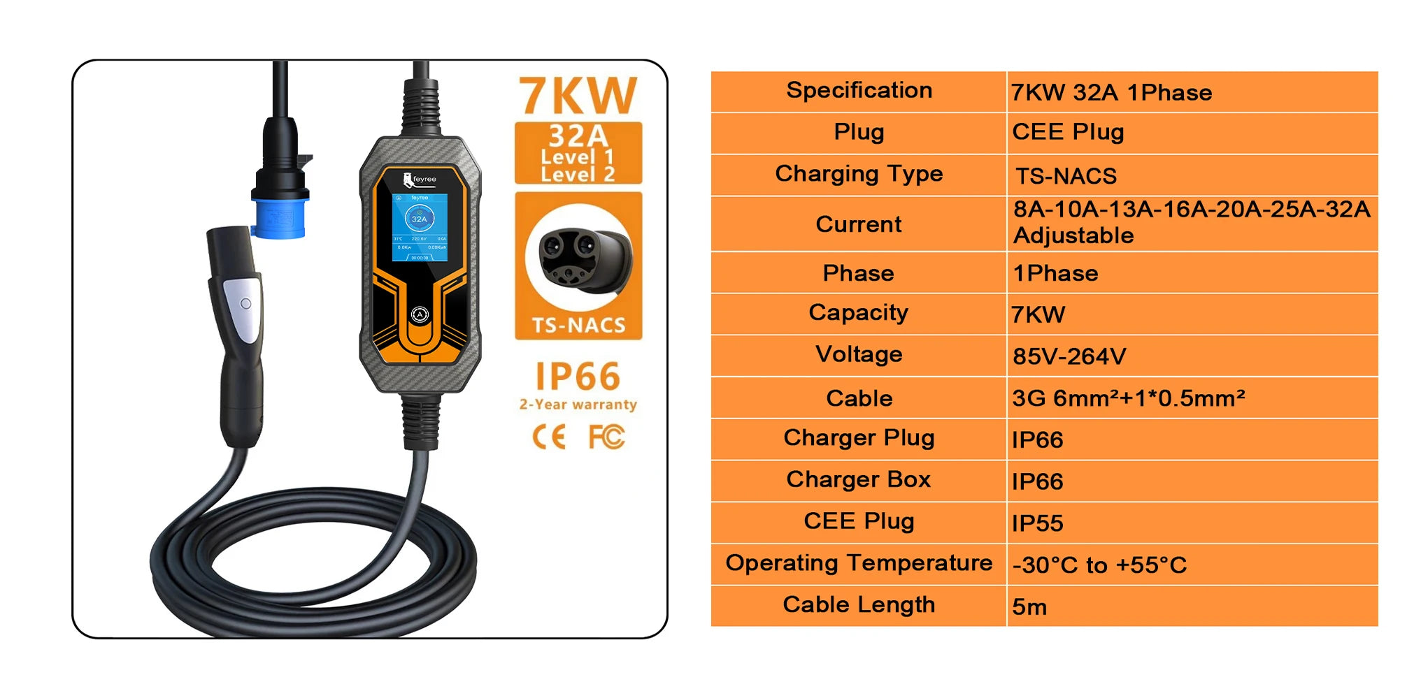 7KW Portable EV Charger Type 2 - Adjustable Current Electric Vehicle Cable - 7