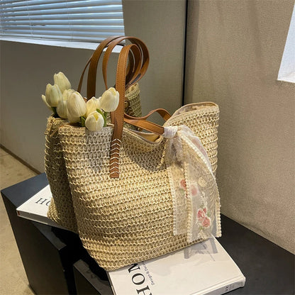 Lace Woven Straw Tote