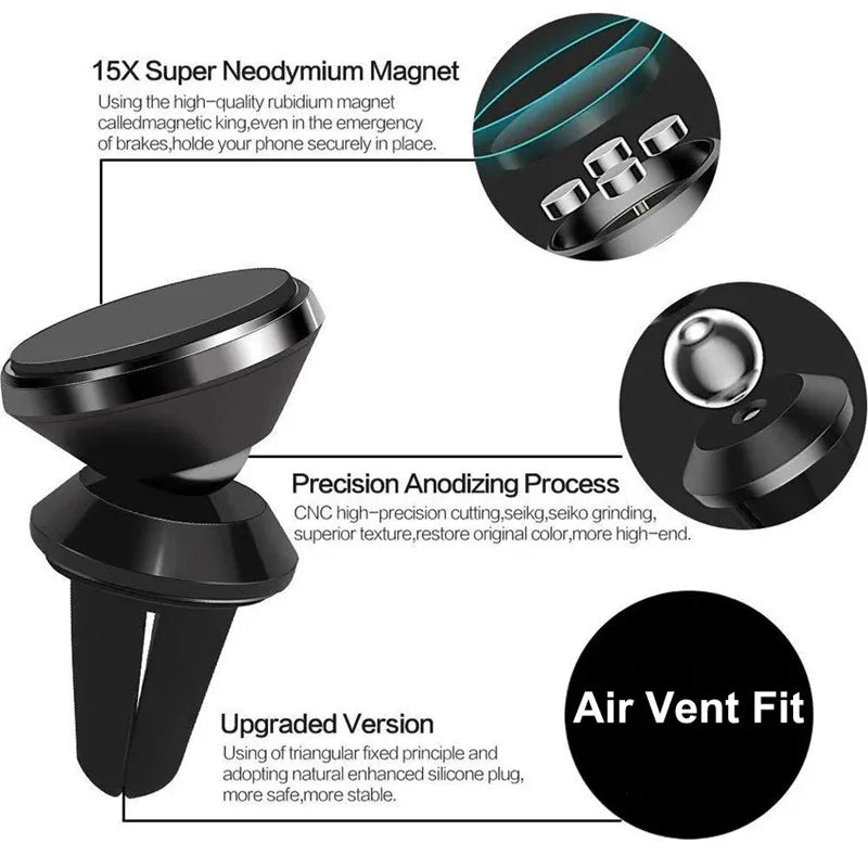 Magnetic Car Phone Mount - 360° Rotatable Air Vent Clip Holder for All Smartphones - 6