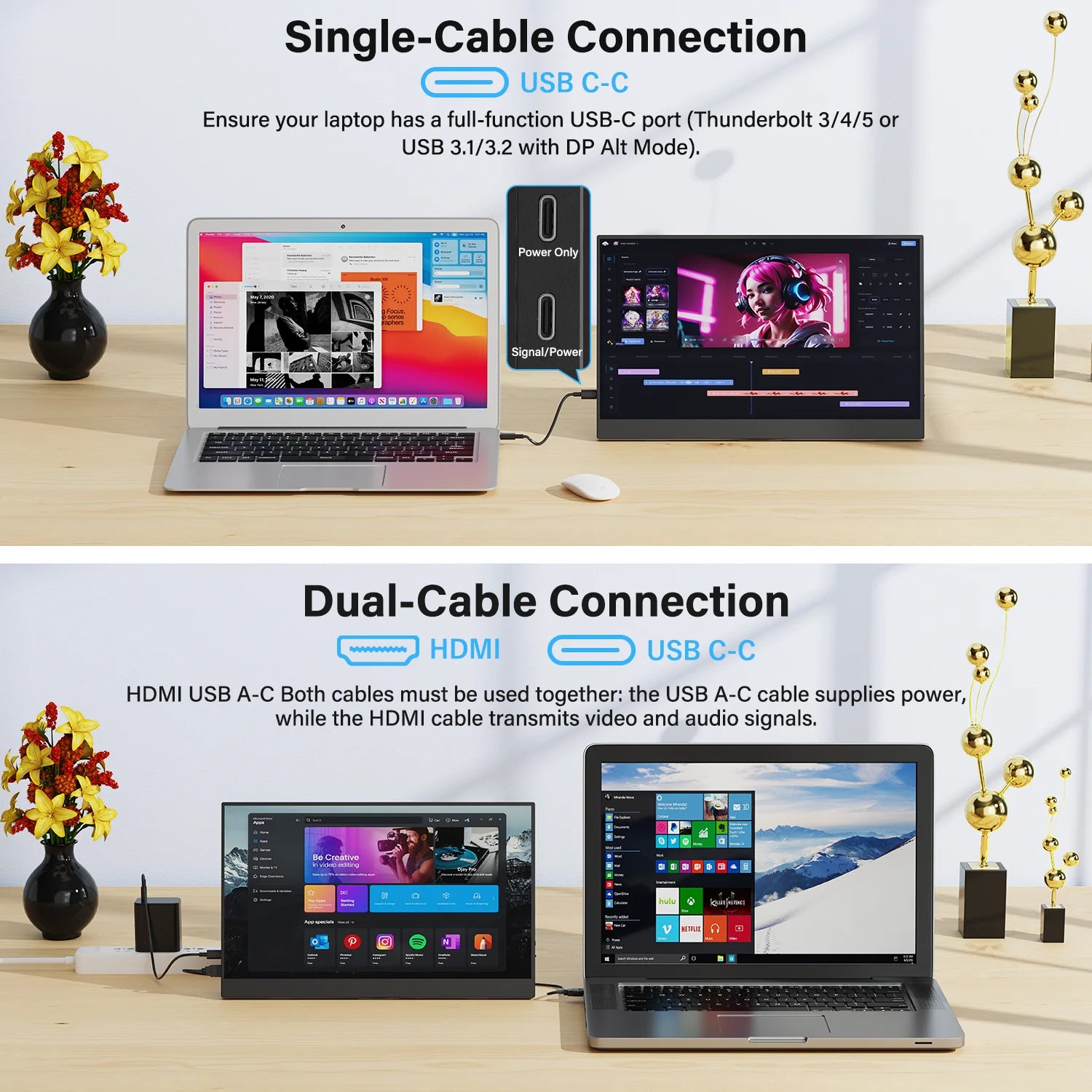 15.6" Portable FHD 1080P Monitor - Slim IPS USB-C & HDMI Travel Display - 3