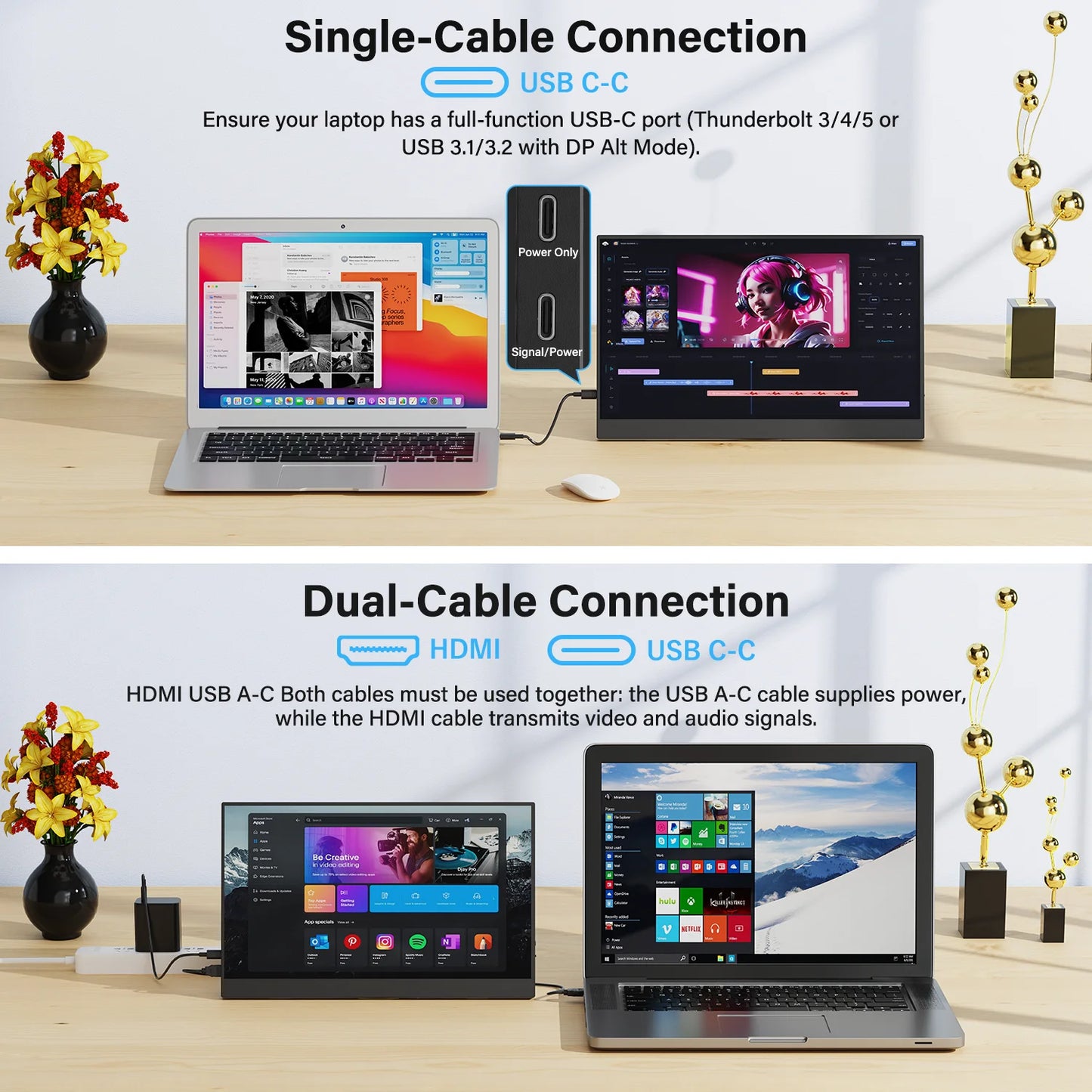 15.6" Portable FHD 1080P Monitor - Slim IPS USB-C & HDMI Travel Display