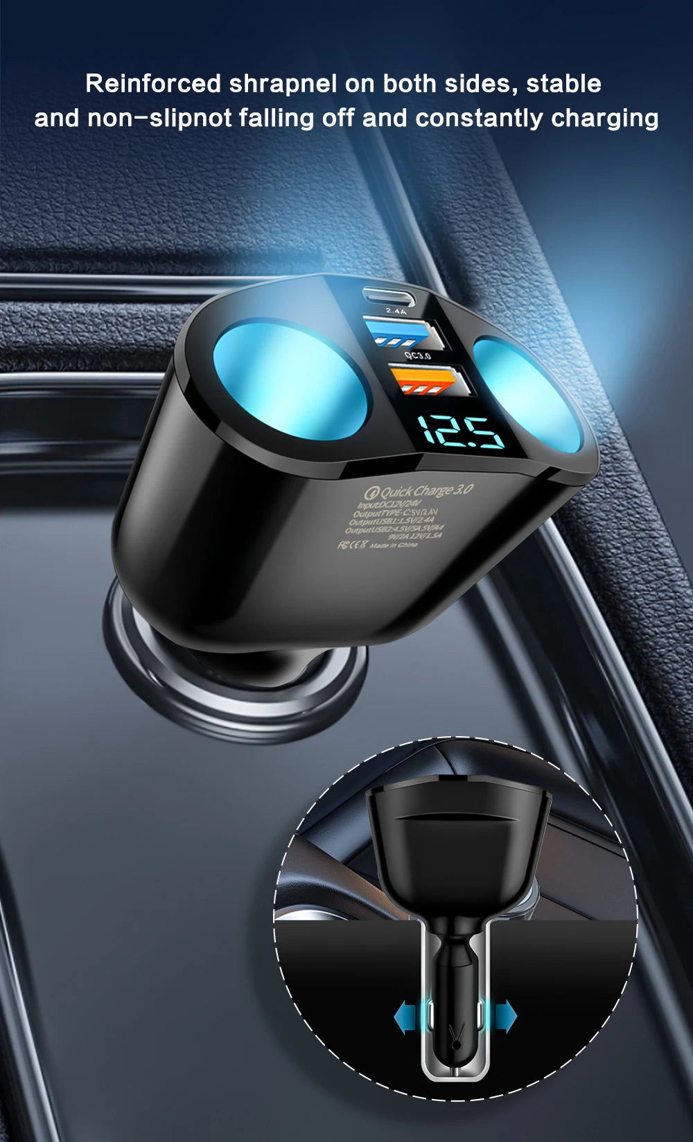 Dual-Port Fast Car Charger Adapter with Real-Time Digital Display