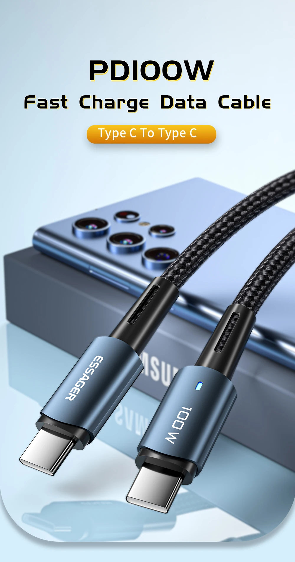100W USB-C Fast Charging Cable - PD QC 4.0 Data Sync Cord for Laptop & Phone - 7