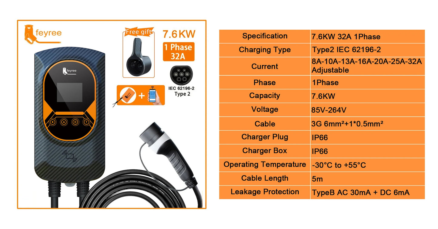 Smart EV Wallbox Charger - Adjustable 32A WiFi Electric Vehicle Station