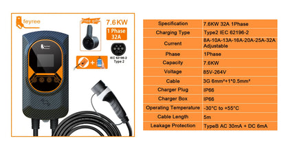 Smart EV Wallbox Charger - Adjustable 32A WiFi Electric Vehicle Station