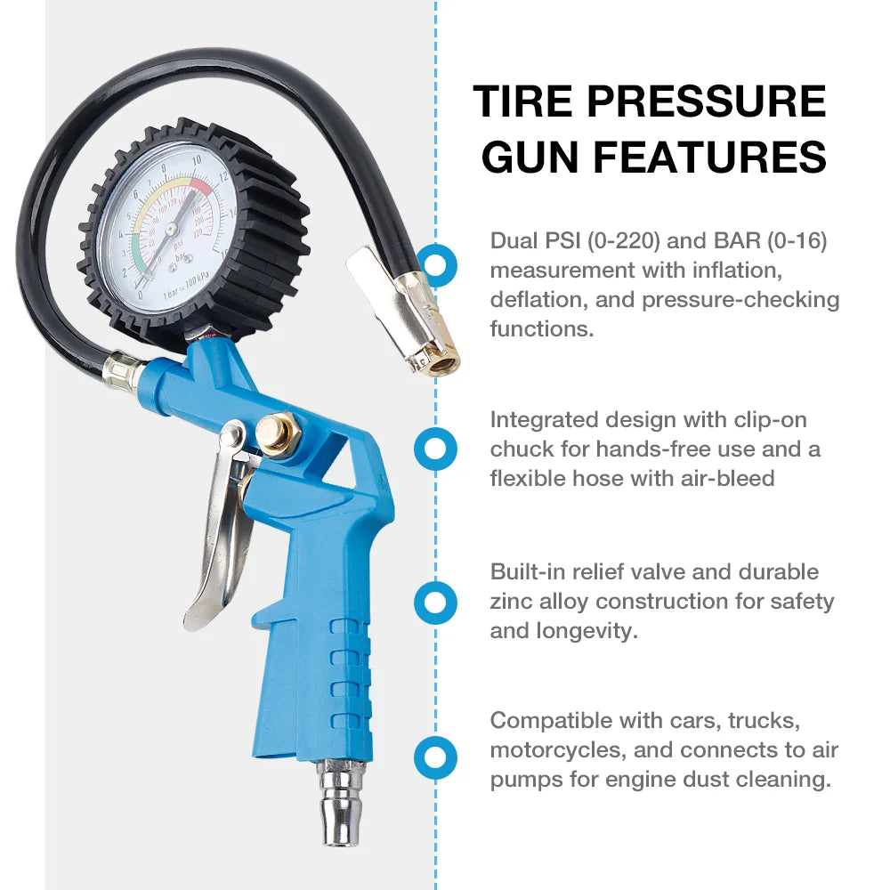 220 PSI Tire Pressure Gauge & Inflator Gun for Air Compressor - EU/JP Interface - 2