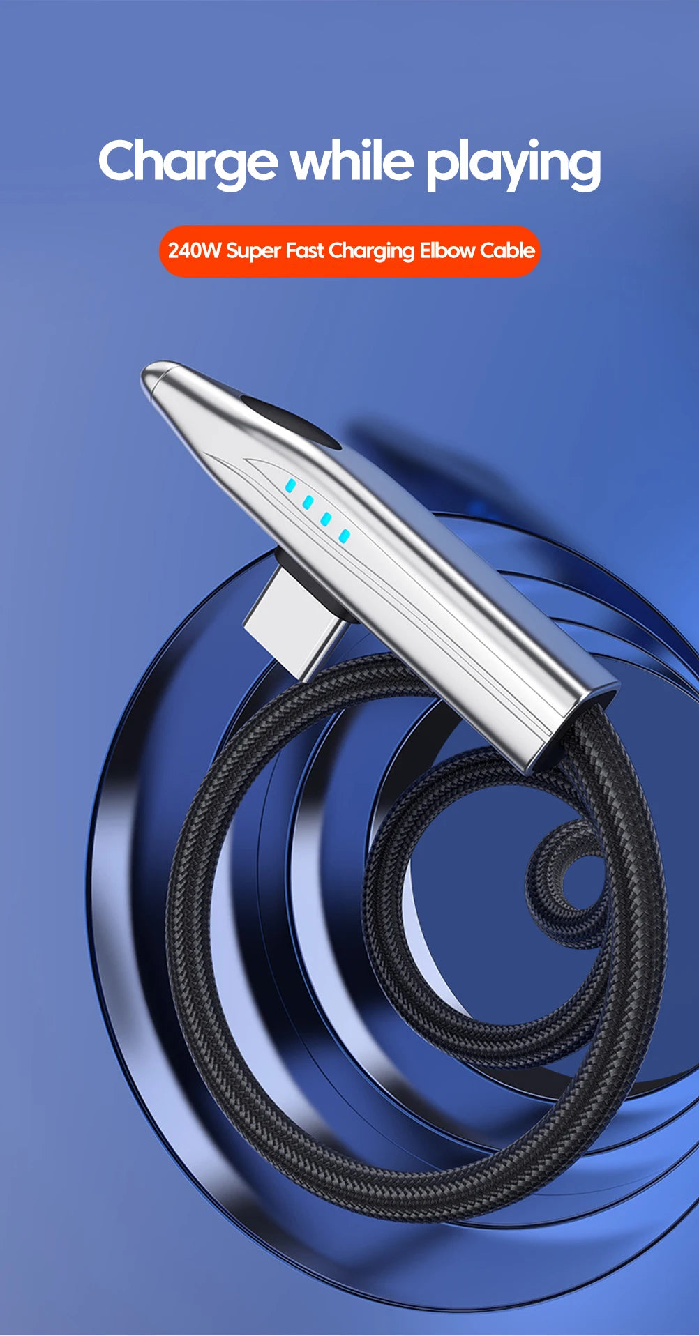 240W USB-C to USB-C Fast Charging Cable - 90 Degree Elbow for Gaming - 12