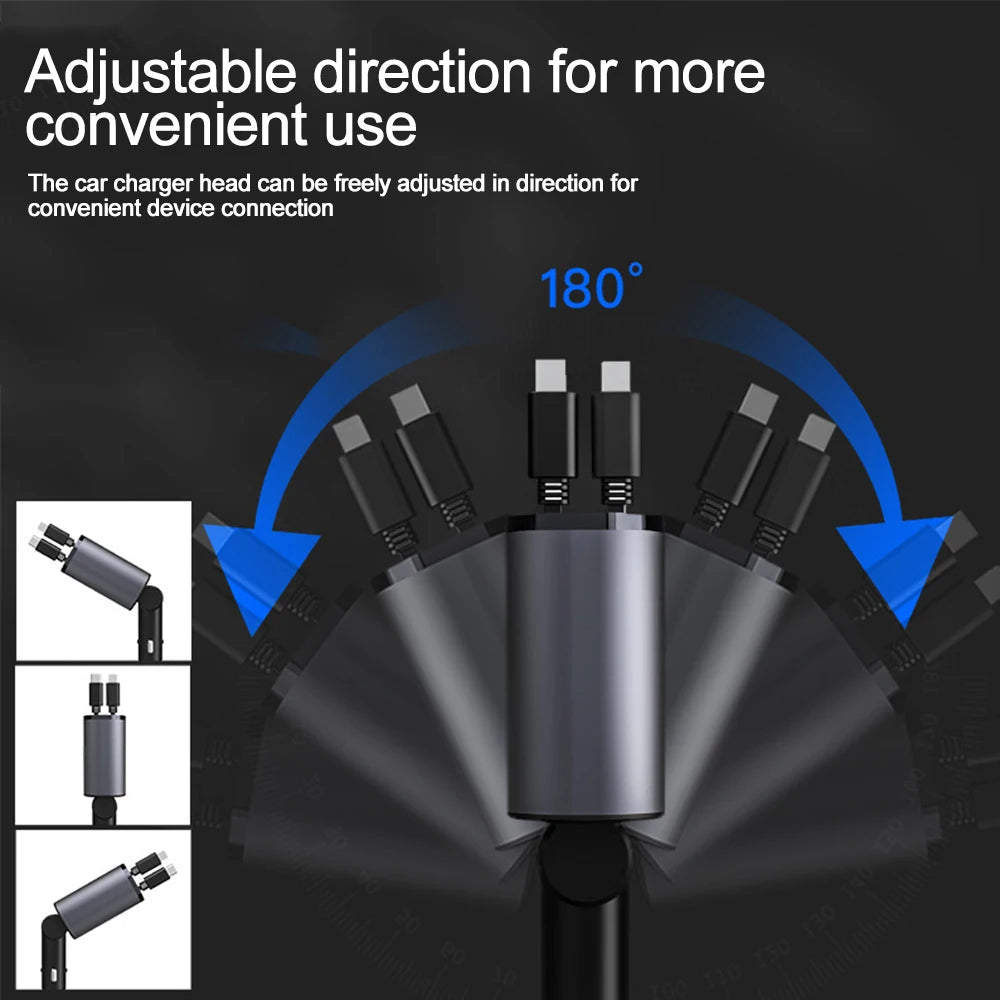 4-in-1 Retractable Car Charger - 120W Fast Charging with Voltage Display for iPhone & Samsung