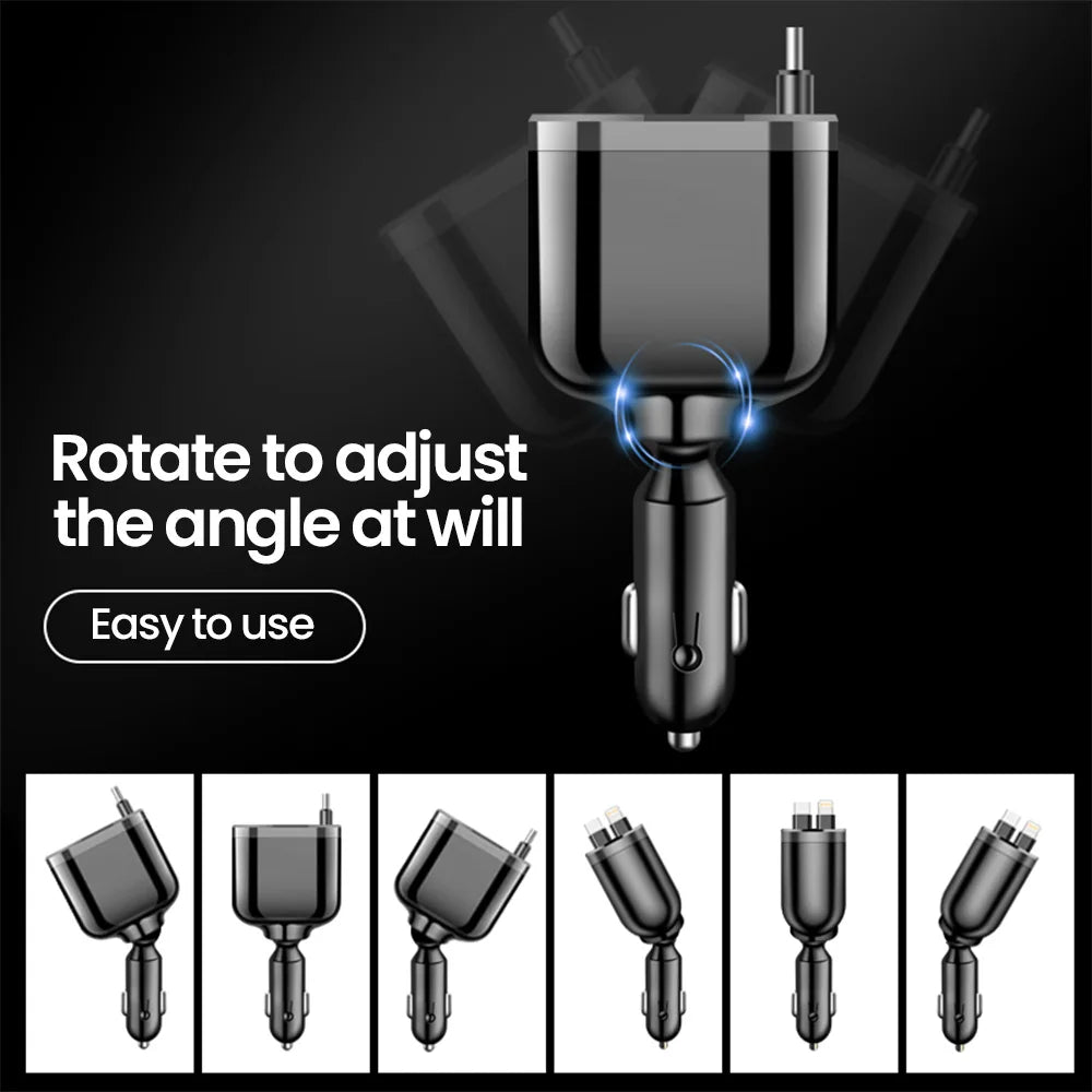 5-in-1 Retractable Fast Car Charger with LED Display - 120W Multi-Port - 3