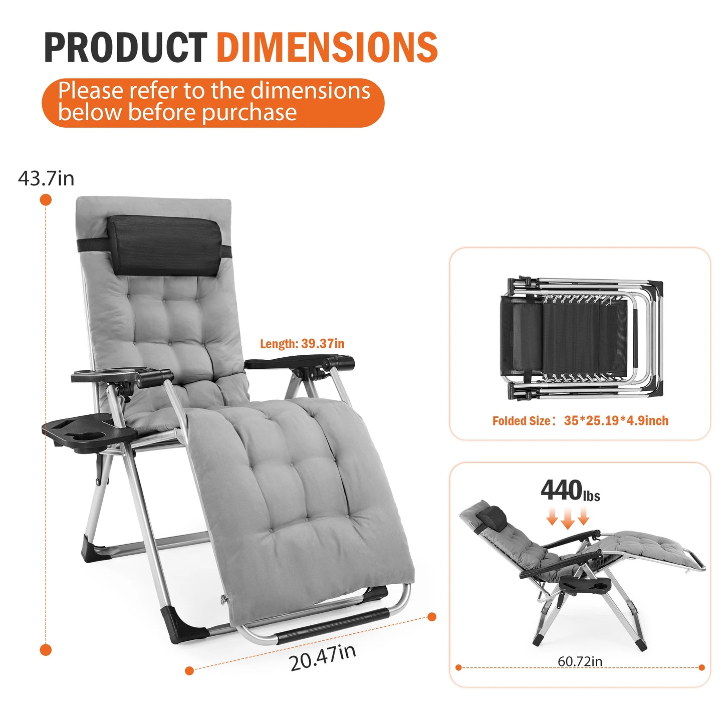 Zero Gravity Reclining Camping Chair with Cup Holder & Removable Cushion