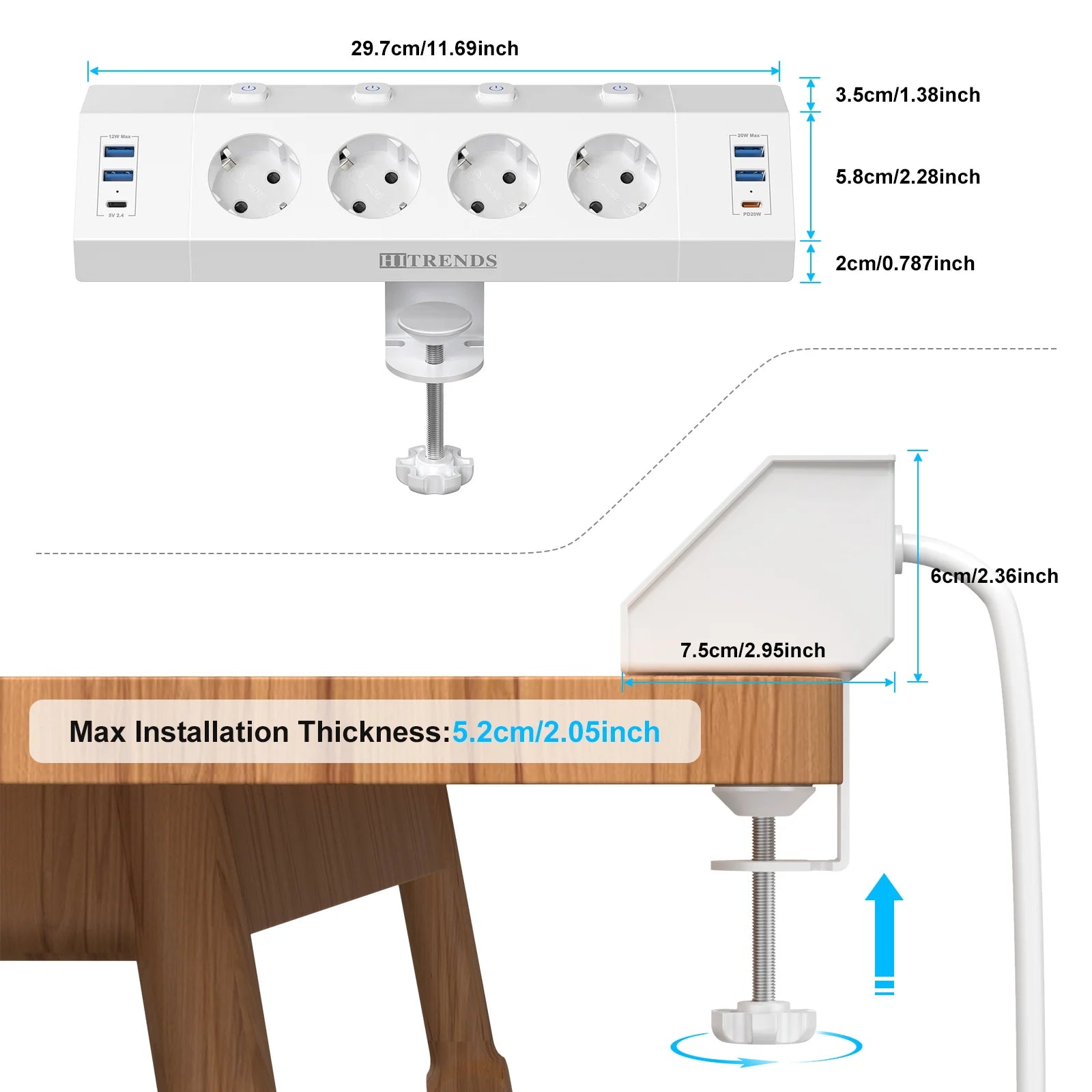 EU Desk Clamp Power Strip with 4 USB Ports, 2 USB-C & Surge Protection - 5