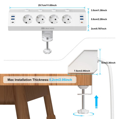 EU Desk Clamp Power Strip with 4 USB Ports, 2 USB-C & Surge Protection