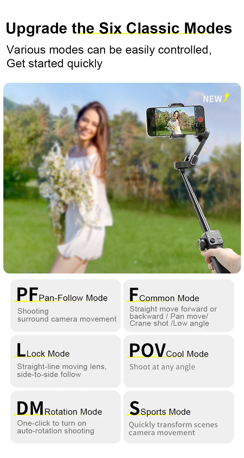 3-Axis Phone Gimbal Stabilizer with Tripod, Extension Rod & Face Tracking