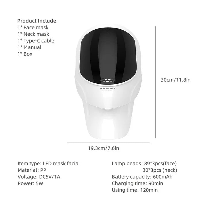 7-Color LED Face & Neck Light Therapy Mask Wireless - 13
