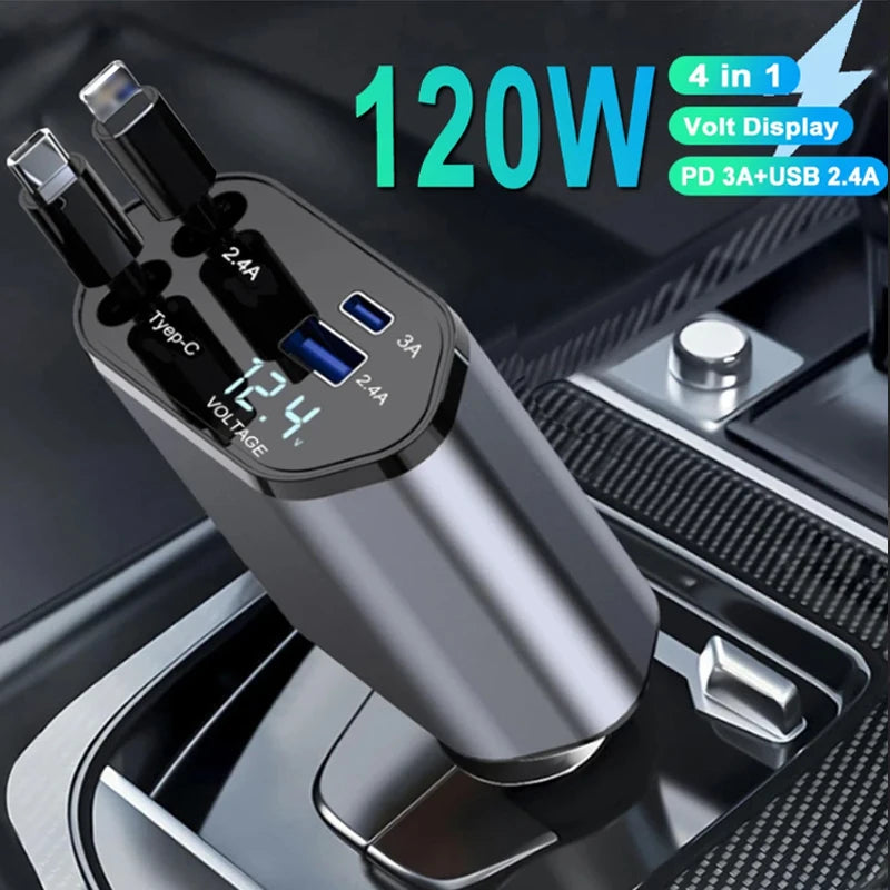 120W Retractable Fast Car Charger with 4-in-1 Charging Ports - 7