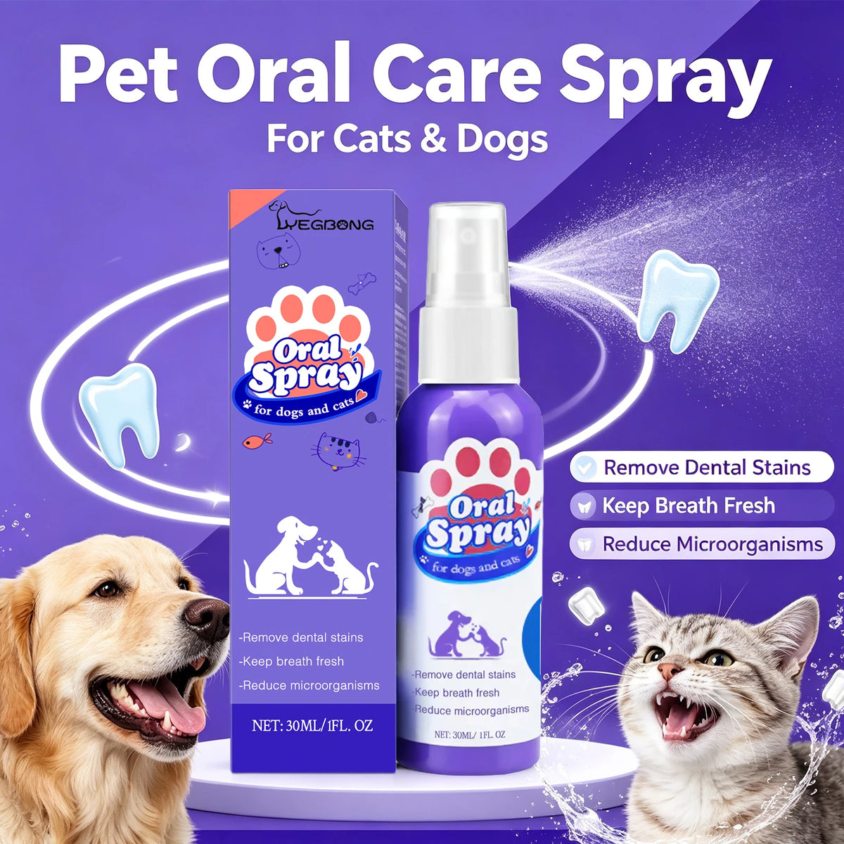 Pet Dental Oral Care Spray for Dogs and Cats - Fresh Breath & Teeth Cleaning