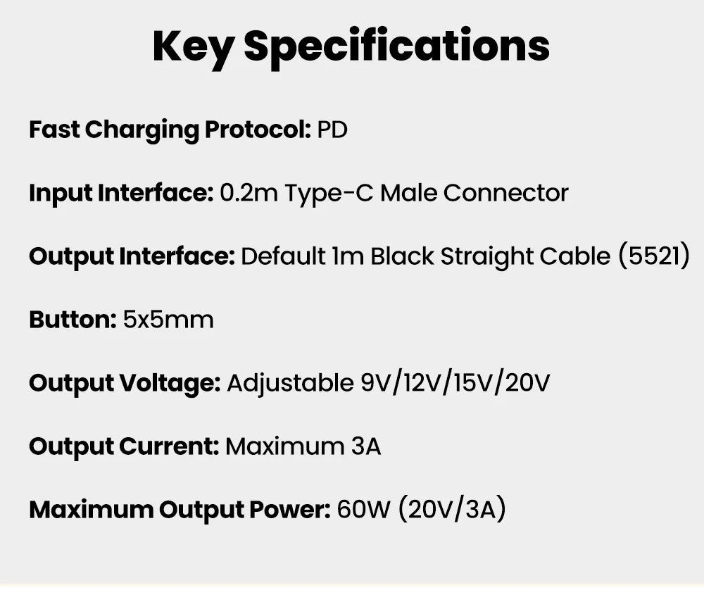 USB-C to DC Fast Charging Power Boost Cable - 5V/9V/12V/15V/20V Adapter