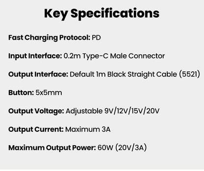 USB-C to DC Fast Charging Power Boost Cable - 5V/9V/12V/15V/20V Adapter