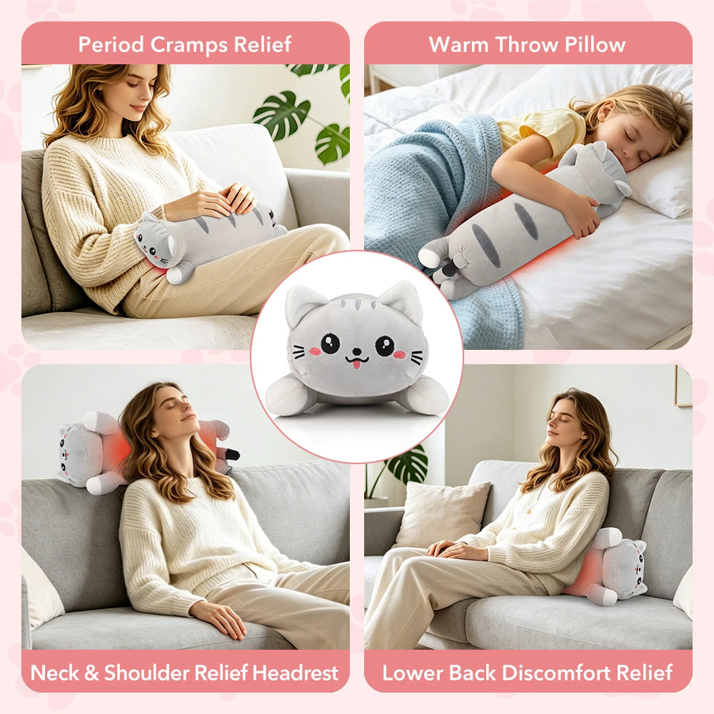 Cute USB Heated Cat Plush Pillow - Electric Hot Compress for Pain & Comfort - 12