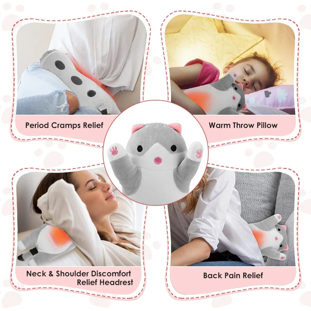 USB Heated Cat Plush Pillow - Adjustable Warming Cushion for Comfort and Pain Relief - 6