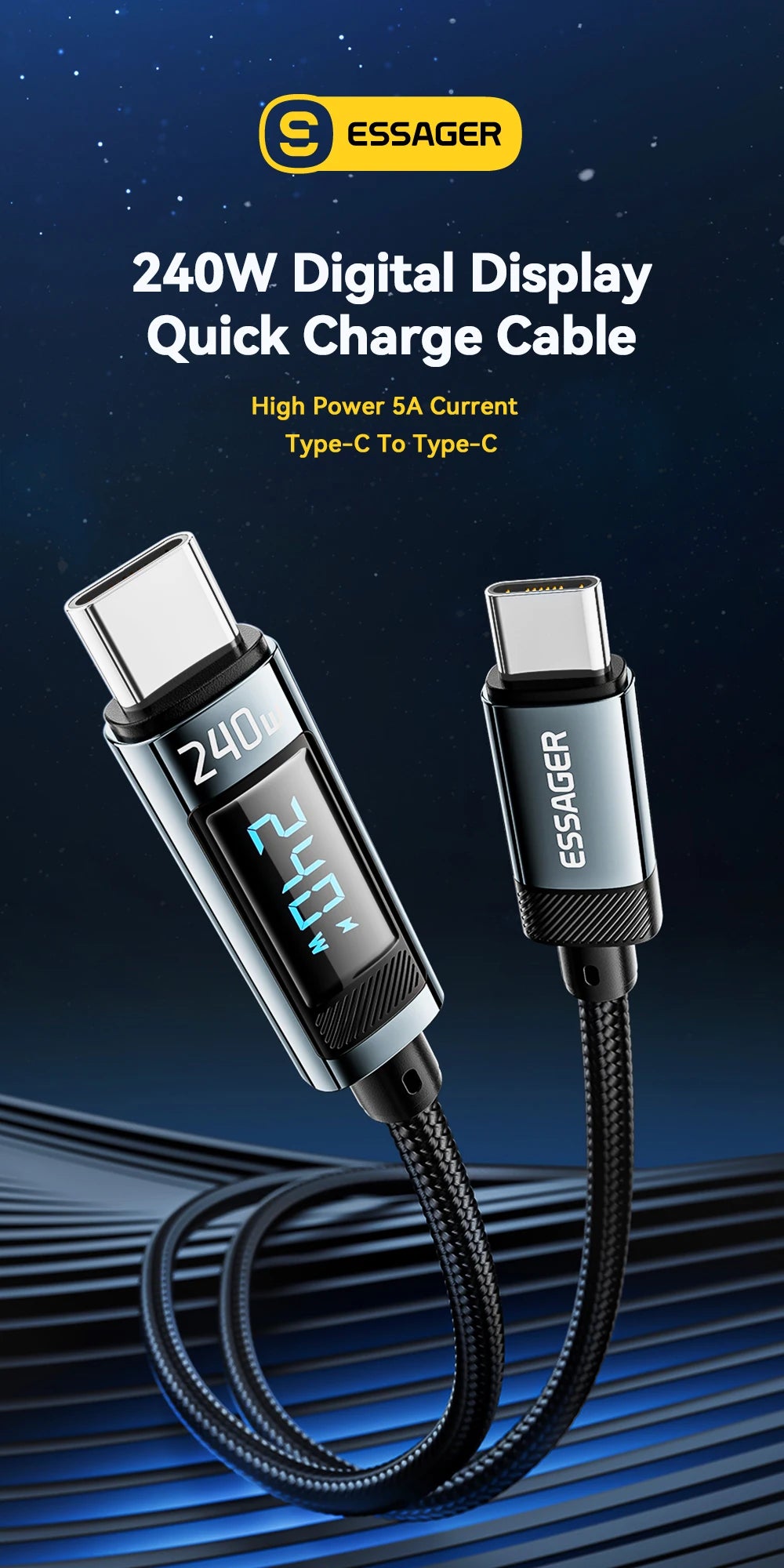 Essager 240W USB-C to USB-C Fast Charging Cable with LED Power Display