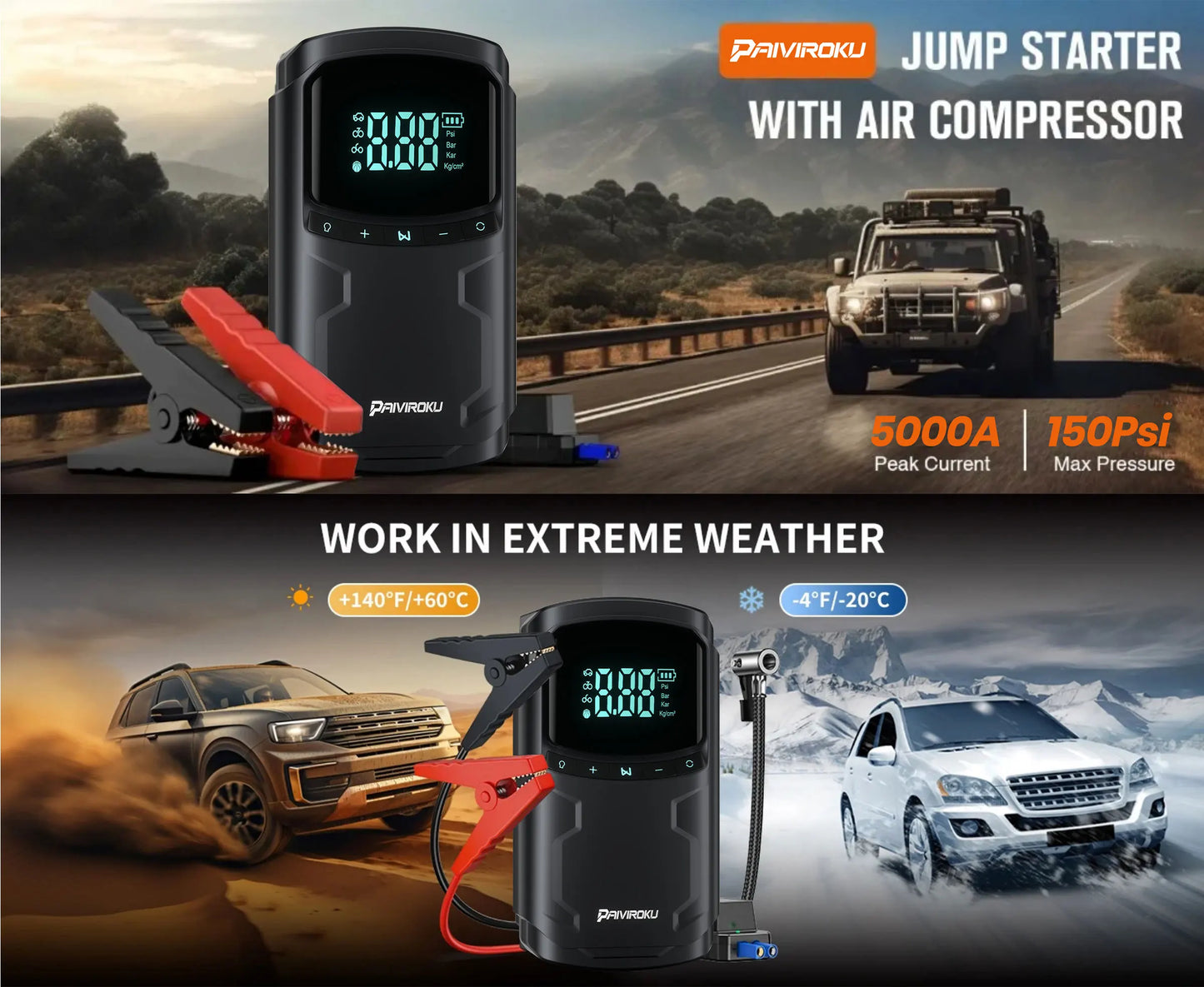5000A Car Jump Starter with 150PSI Air Compressor & Portable Power Bank