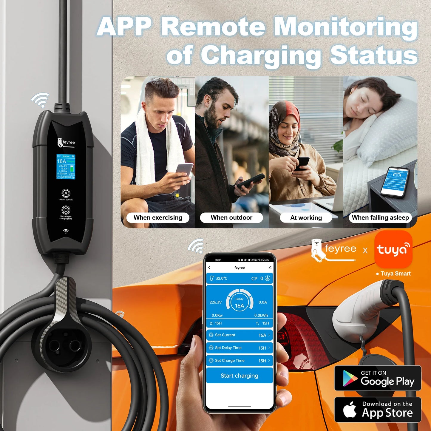 Type 2 Portable EV Charger - 3.5KW Smart WiFi App Control, 5m Cable