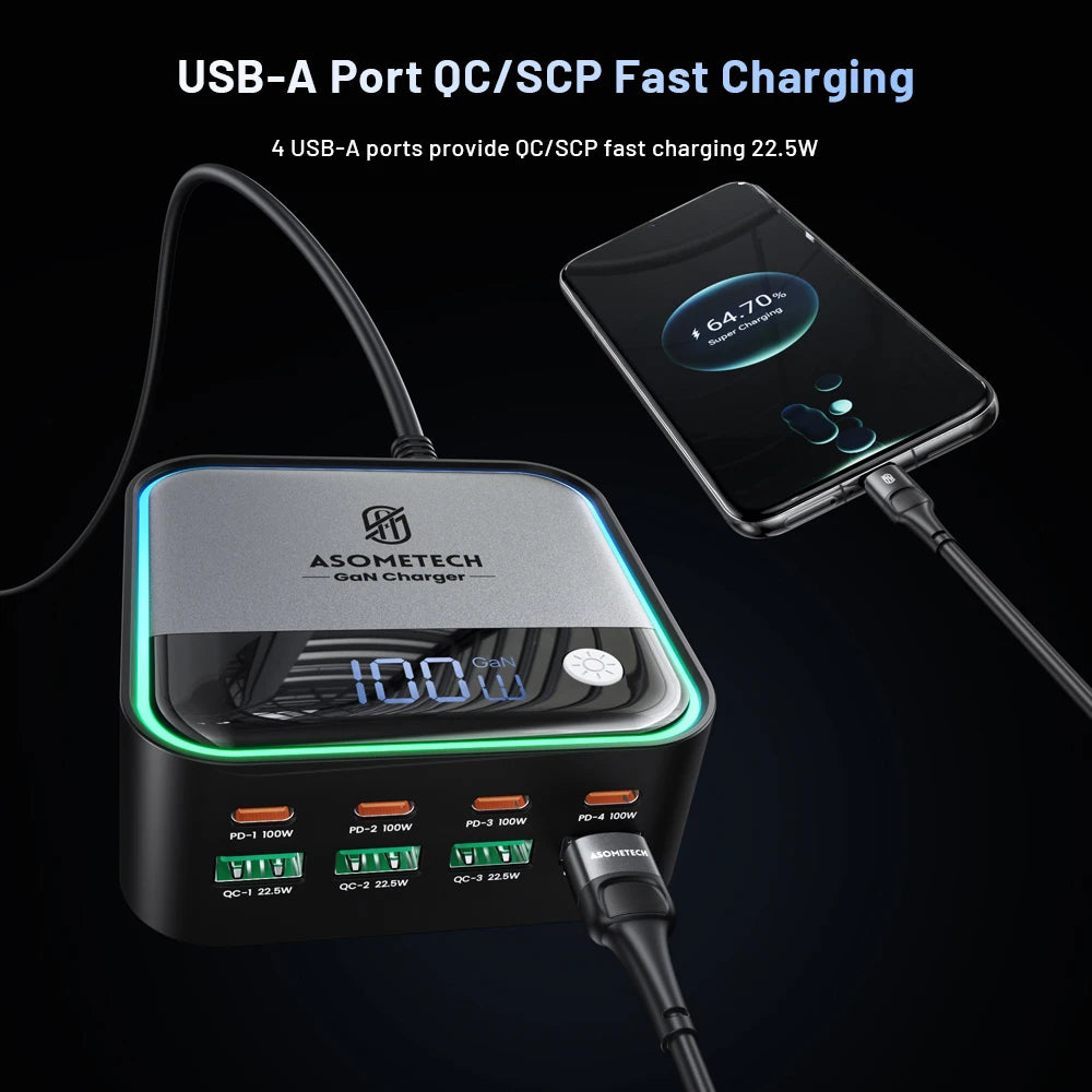 100W GaN 8-Port Desktop USB Charger with LED Digital Display & Lighting - 4