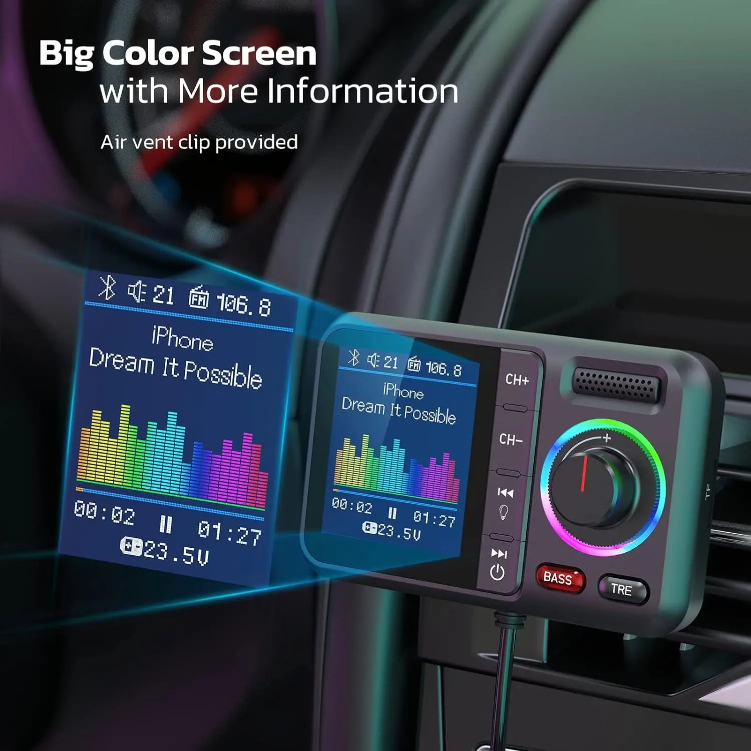 Wireless Car FM Transmitter with QC3.0 Fast Charging & Color Display - 2