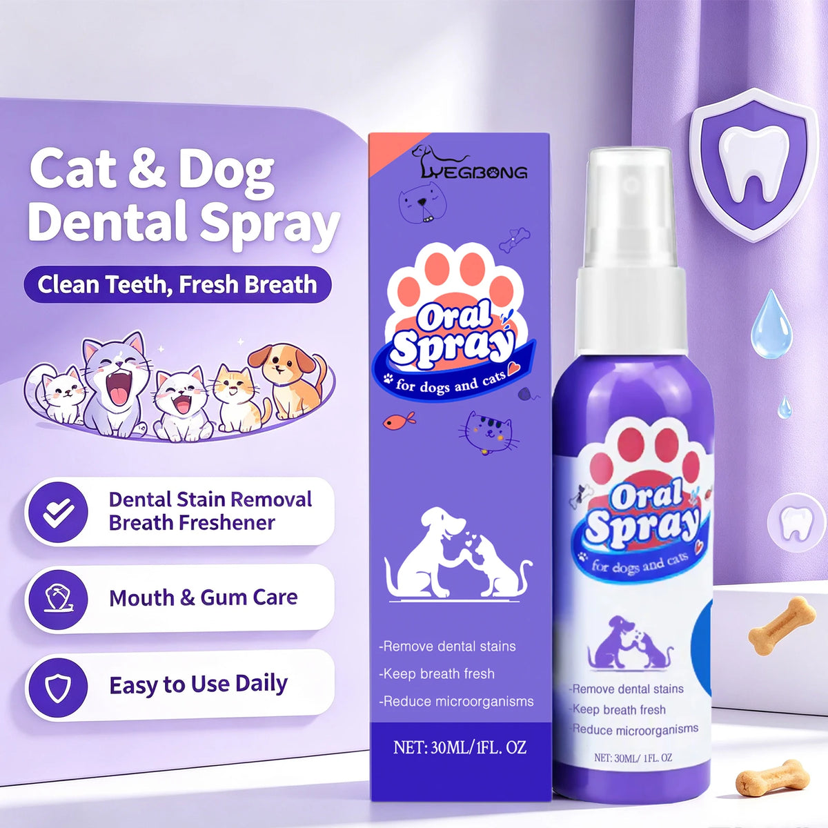 Pet Dental Oral Care Spray for Dogs and Cats - Fresh Breath & Teeth Cleaning