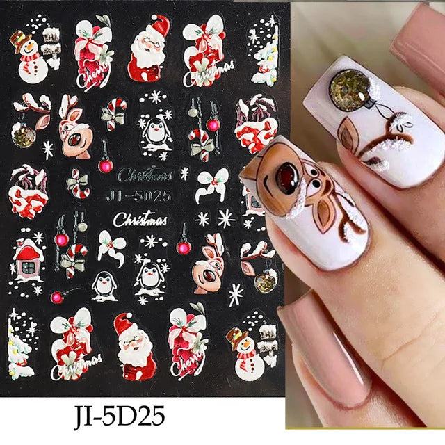 5D Embossed Christmas Nail Art Stickers - Winter Holiday Snowflake & Santa Decals - 7