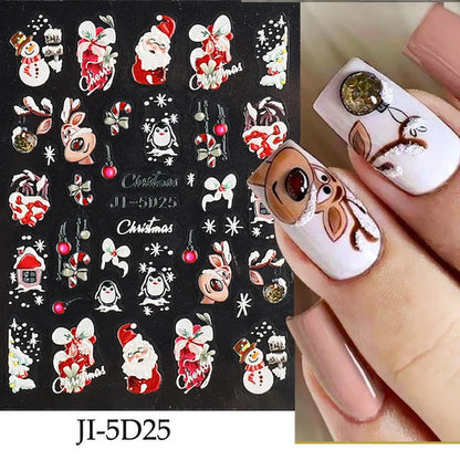 5D Embossed Christmas Nail Art Stickers - Winter Holiday Snowflake & Santa Decals