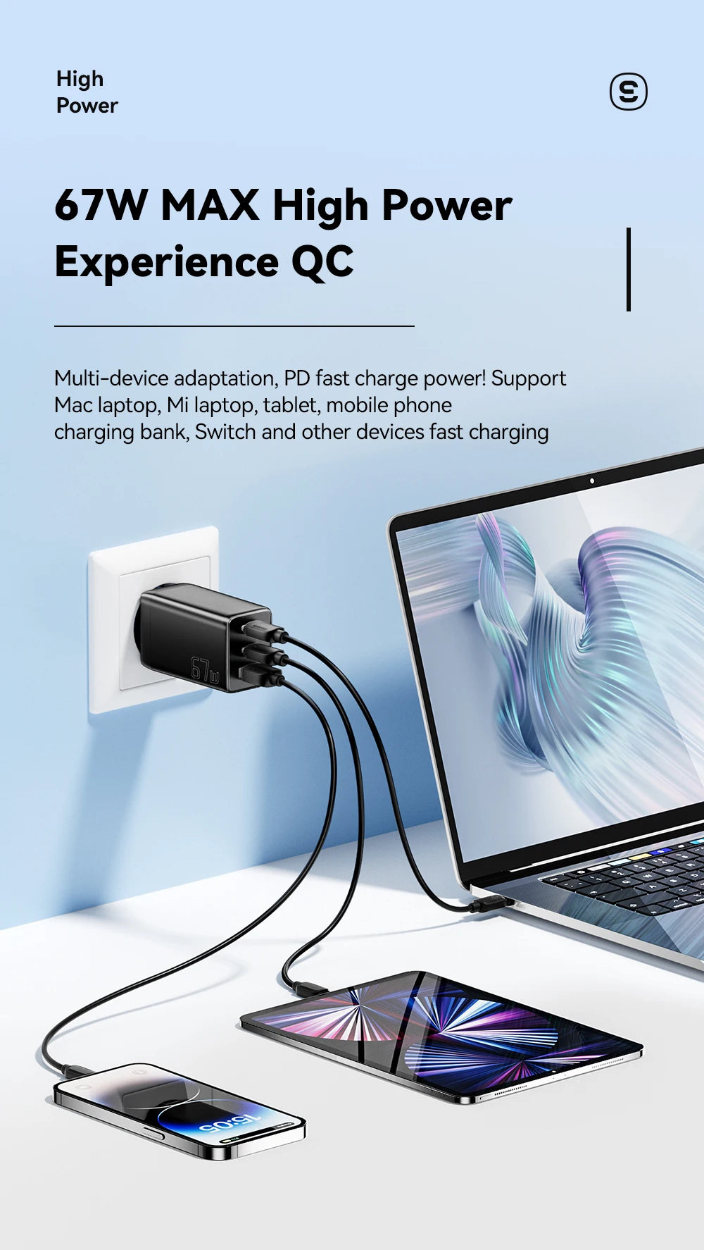 67W GaN 3-Port USB-C Fast Charger - Universal PD & QC Wall Adapter - 10