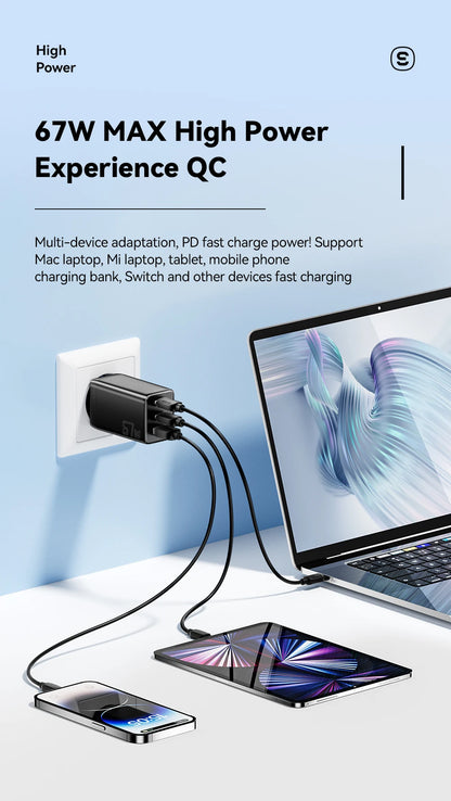 67W GaN 3-Port USB-C Fast Charger - Universal PD & QC Wall Adapter
