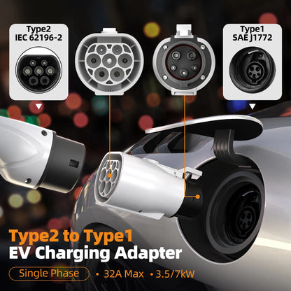 EV Charger Adapter Type 2 to Type 1 - 32A 7KW Fast Charging Connector