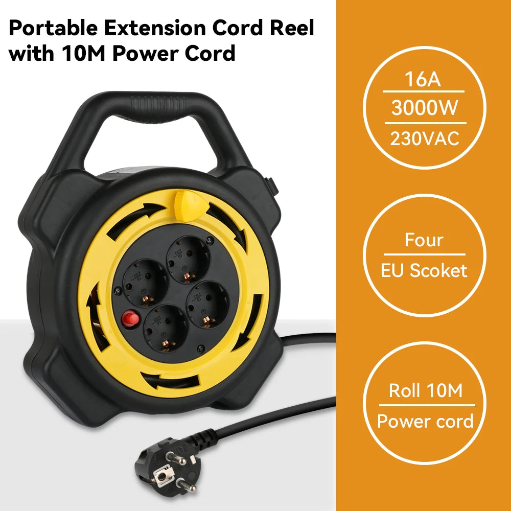 10M Retractable Extension Cord Reel with 4 Sockets, Heavy Duty Power Station - 5
