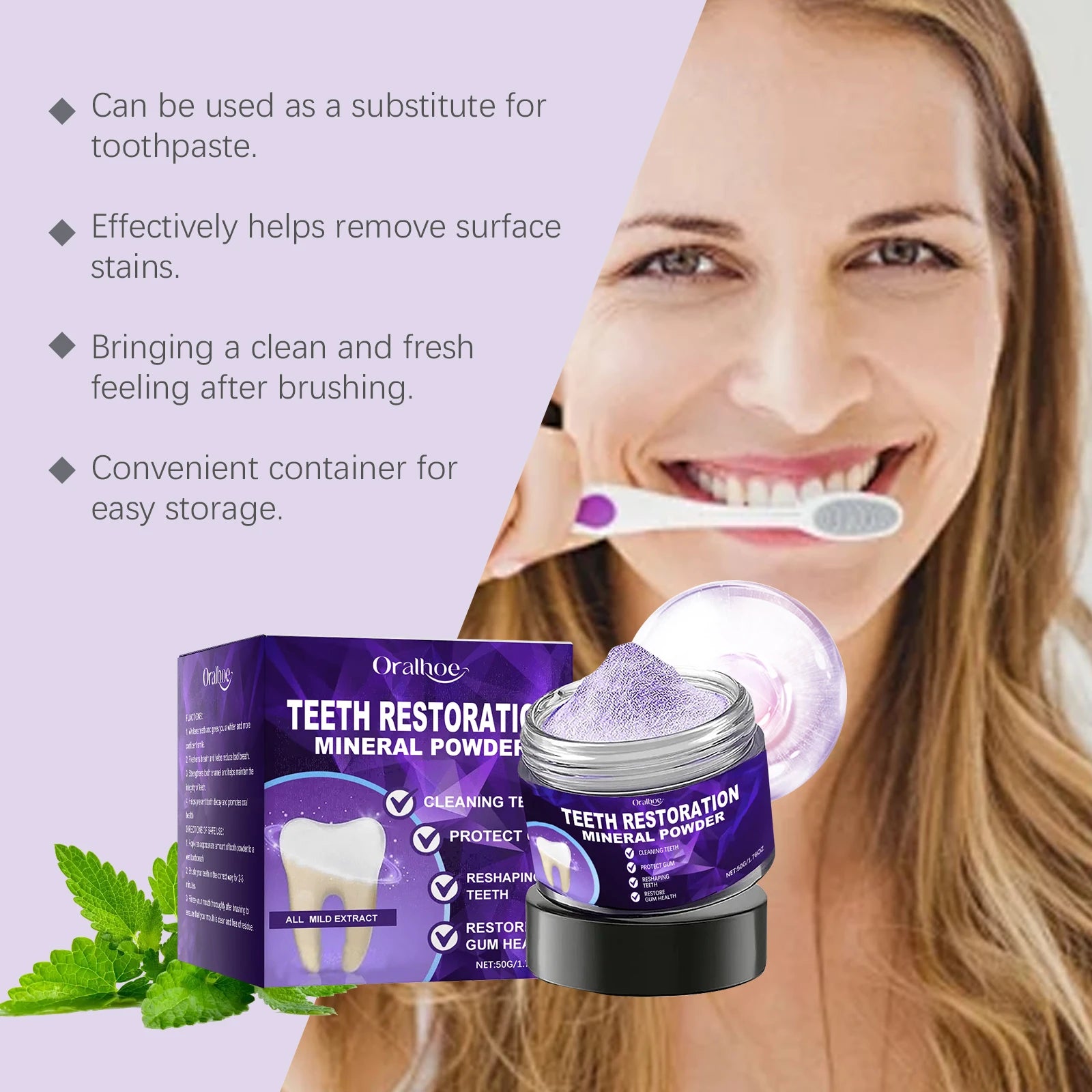 Purple Teeth Whitening Powder - Deep Stain Removal & Enamel Repair Formula - 5