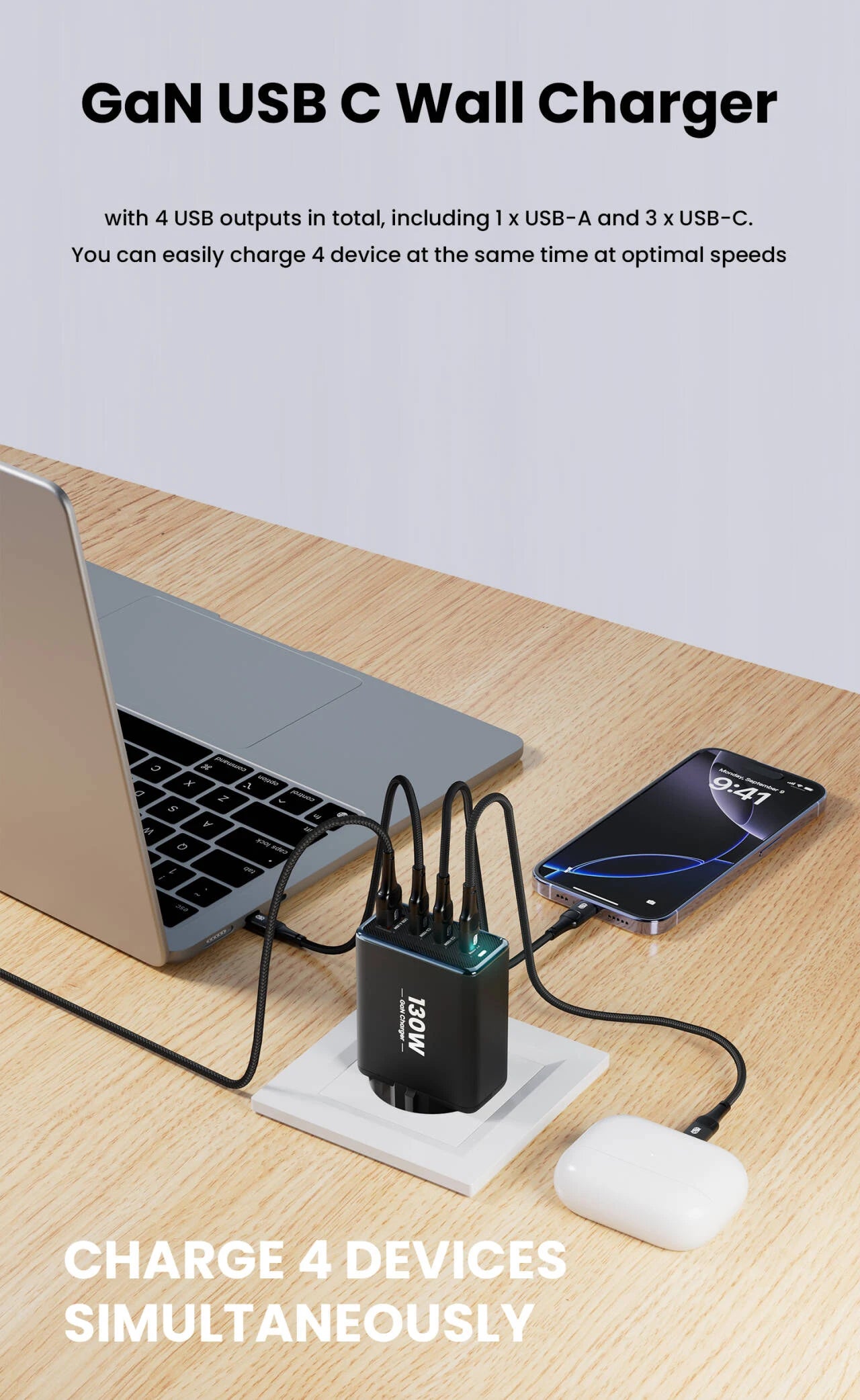 130W GaN 4-Port Fast Charger - PD3.0 QC4.0 USB-C Wall Adapter for Laptops