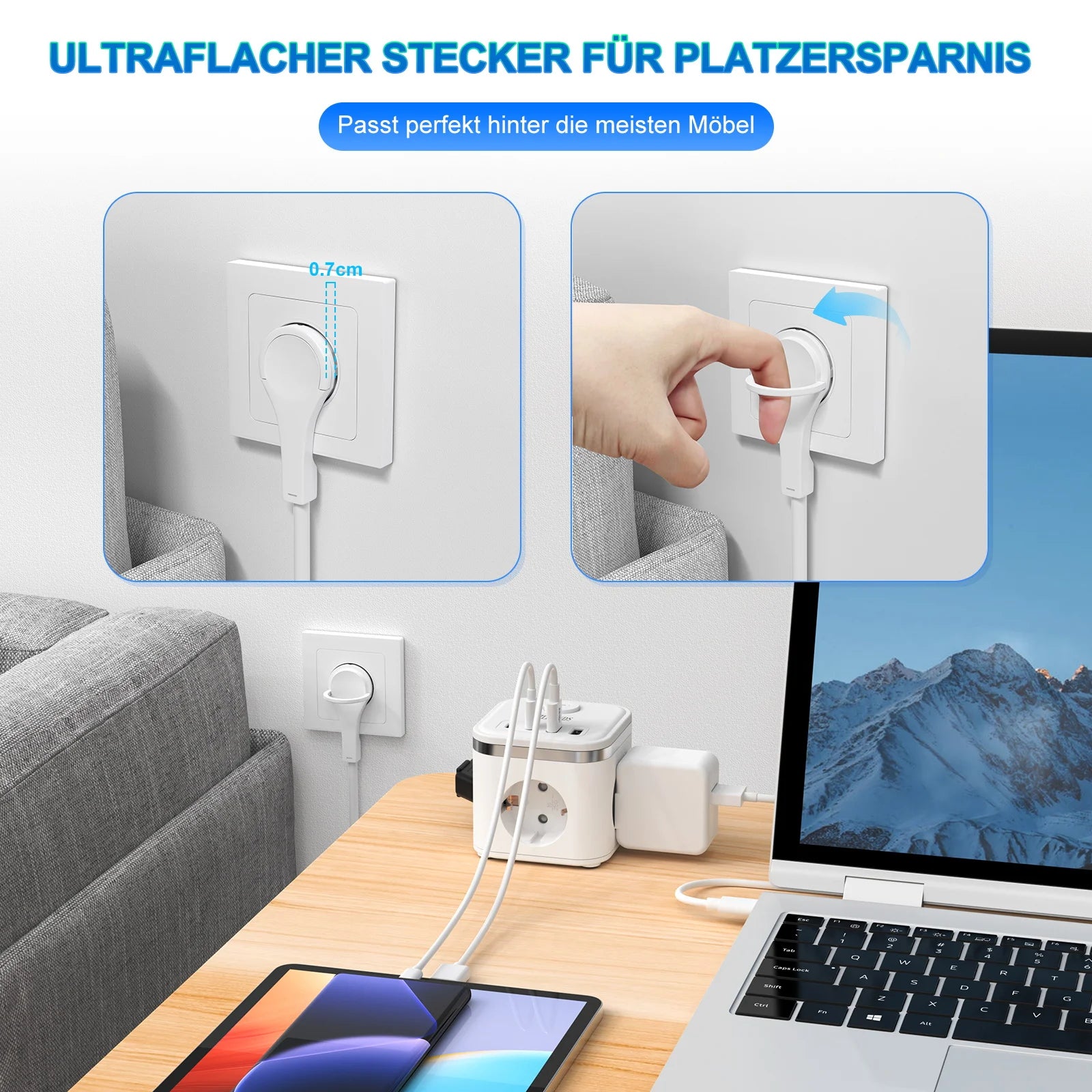 7-in-1 Power Strip with USB-C, Ultra-Thin Flat Plug & 2m Extension Cord - 2